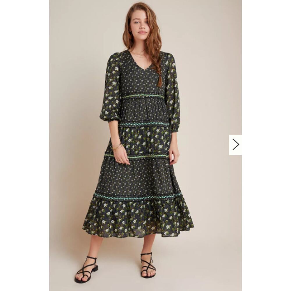 Anthropologie Black and Green Floral Maxi Dress